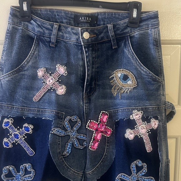 AKIRA Blue Denim Flare Jeans with Pink Embroidery - Picture 3 of 7